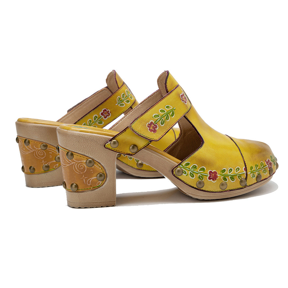 Boho Artisan Leather Mules for Women - Floral Printed Summer Sandals with Unique Studded Heel