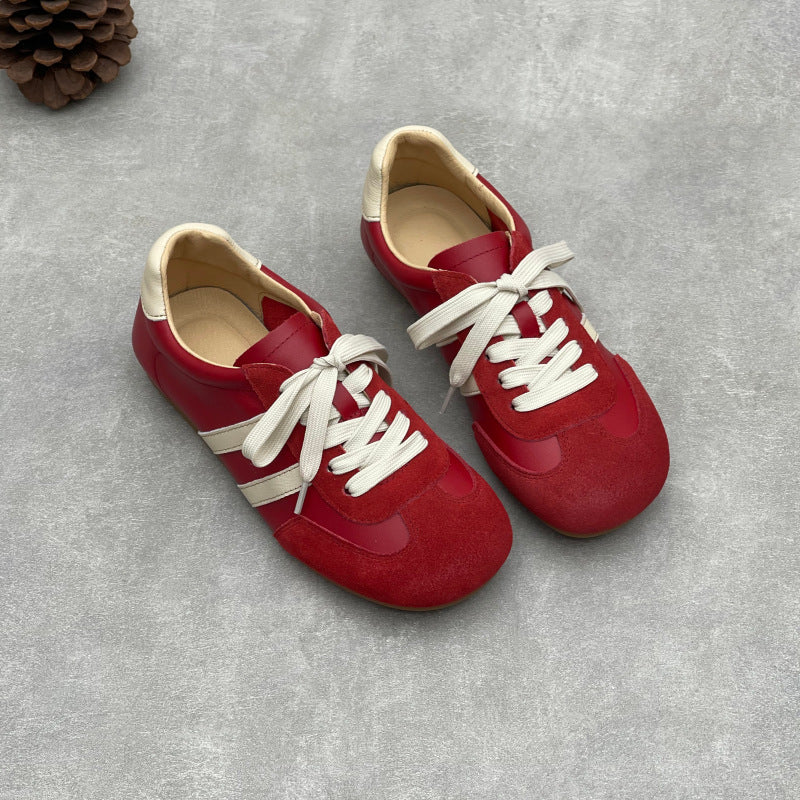 Women's Retro Leather Running Sneakers Vintage Lace-up Unlined Casual Trainer