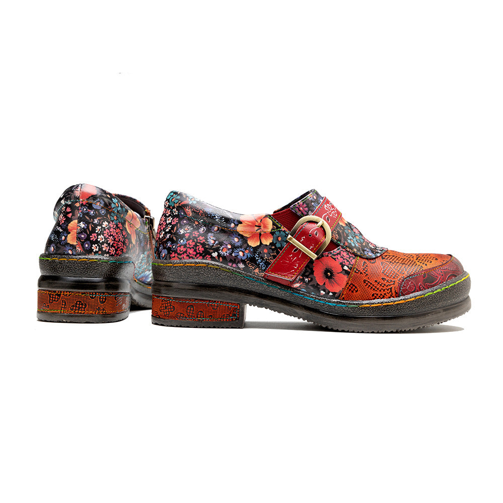 Leather Colorful Flower Patchwork Flat Vintage Boho Brogues Women's Shoes