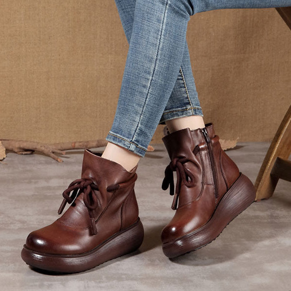 Women's Leather Ankle Boots - Platform Chunky Heel  Booties, Zipper Lace-up Fall Winter Shoes