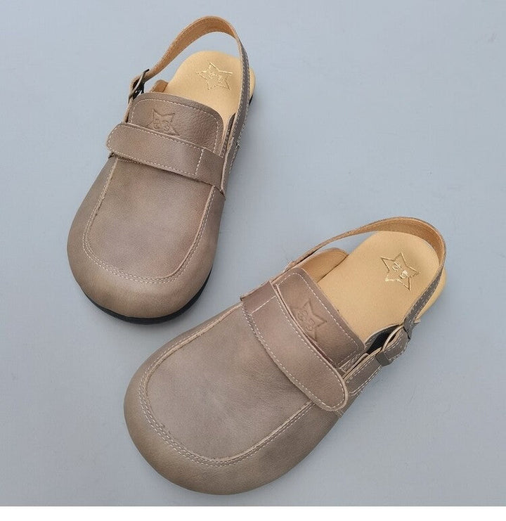Women's Leather Sandals - Vintage Contrast Stitching Flexible Slip-On Mule Slides with Slingback Strap