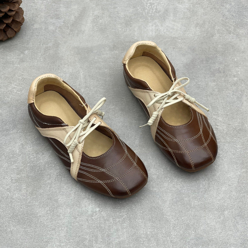 Womens Retro Leather Lace-up Mary Jane Flats Vintage Casual Walking Shoes