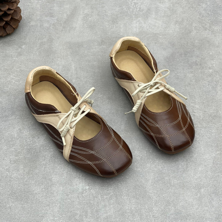 Womens Retro Leather Lace-up Mary Jane Flats Vintage Casual Walking Shoes