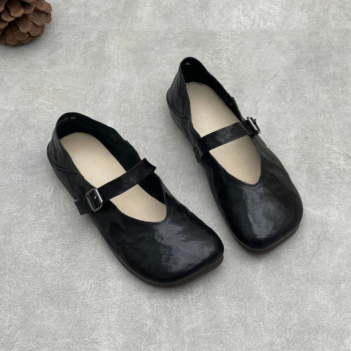 Women’s Handmade Sheepskin Mary Jane Flats – Square Toe V-Cut Comfortable Shoes