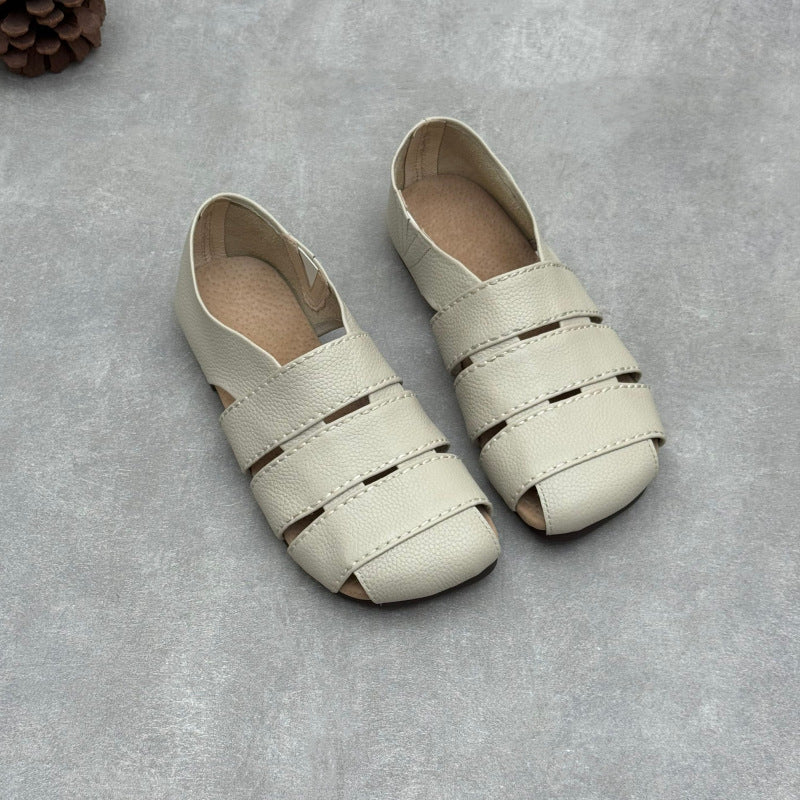 Women's Leather Hollow-Out Fisherman Sandals Casual Summer Retro Square Toe Shoes