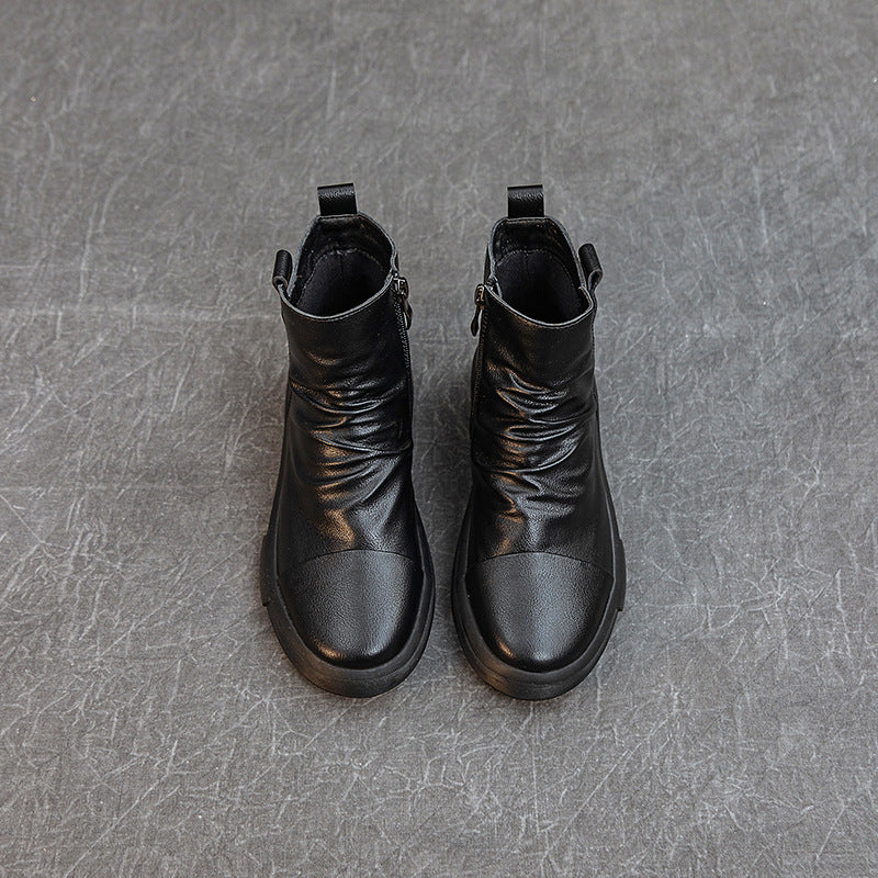 Comfortable Women's Flat Leather Boots – Casual Ruched Ankle Style