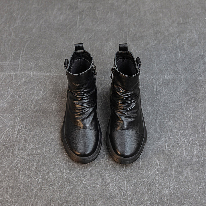 Comfortable Women's Flat Leather Boots – Casual Ruched Ankle Style