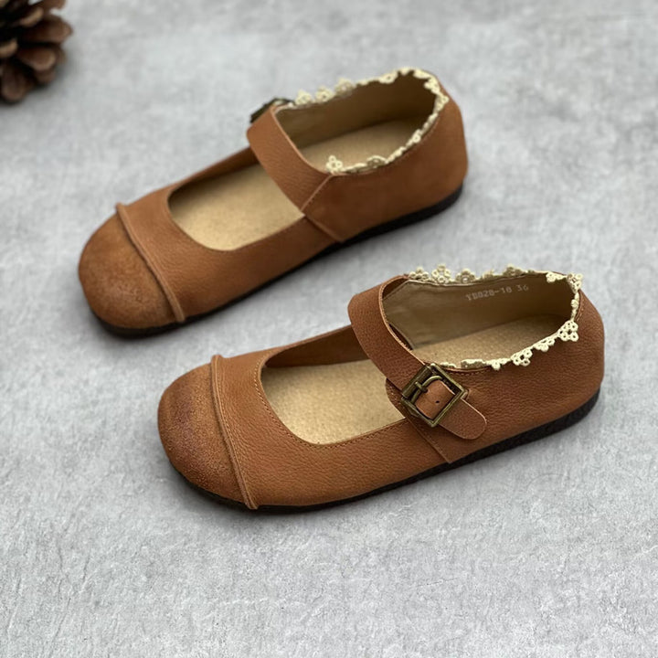 Womens Lace Patchwork Leather Soft Mori Style Buckle Flats Mary Jane Shoes