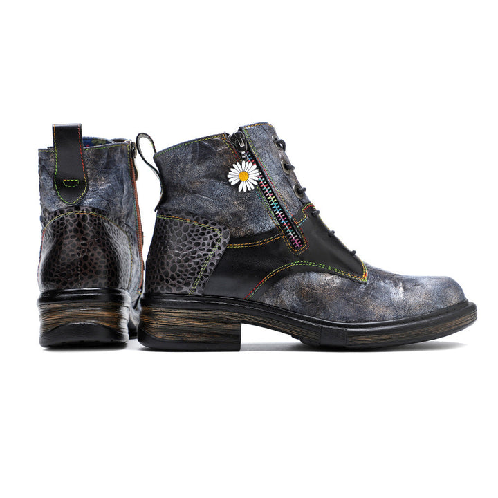 Floral Print Combat Boots for Women - Leather Lace-up Booties with Side Zipper