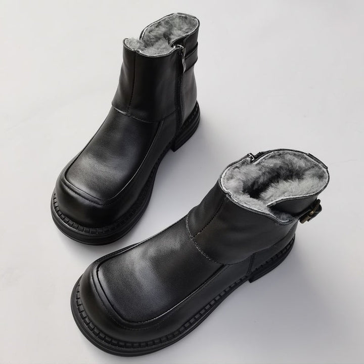 Women's Vintage Wide Toe Leather Derby Boots – Shearling Lined Winter Ankle Boots