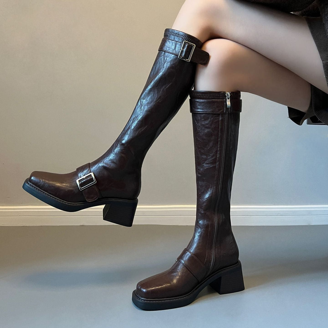 Women's Vintage Knee High Zipper Boots - Square Toe Buckle Strap Chunky Block Heel Riding Boots