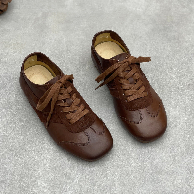 Women’s Vintage Distressed Leather Trainers – Retro Lace-Up Flats