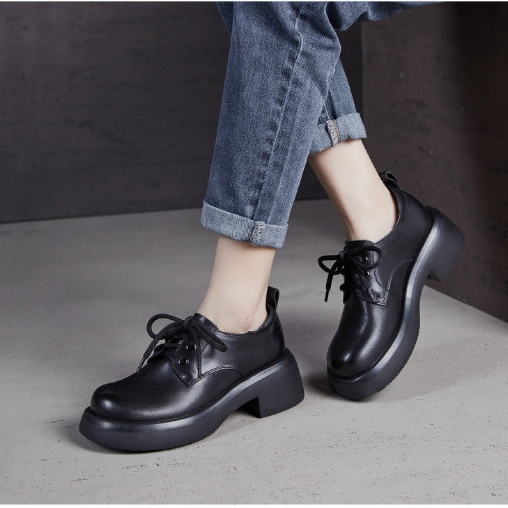 Women's Retro Leather Oxford Shoes Vintage Round Toe Platform Lace-up Chunky Heels