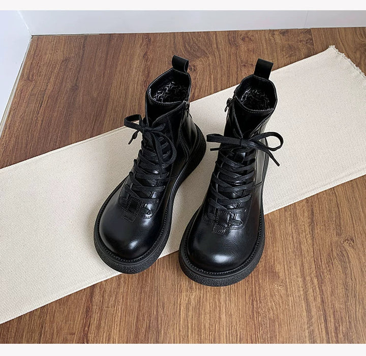 Women's Ankle Boots Lace Up Mid Calf Combat Booties Platform Low Heel