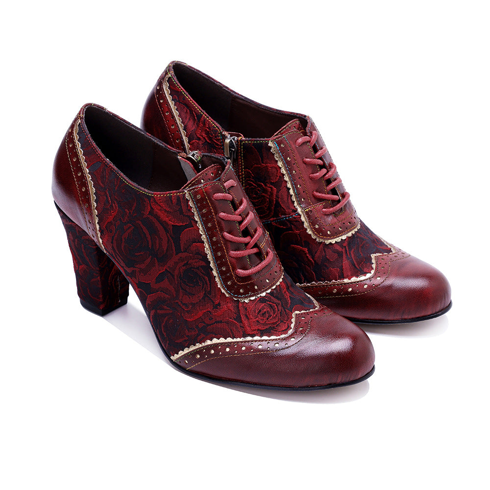 Women's Vintage Floral Sheepskin Oxfords High Heel Lace Up Brogue Booties