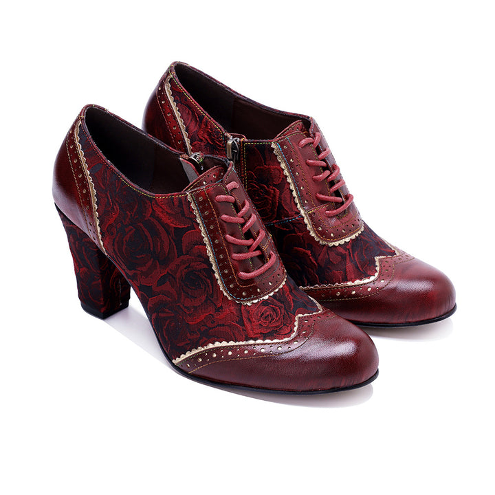 Women's Vintage Floral Sheepskin Oxfords High Heel Lace Up Brogue Booties