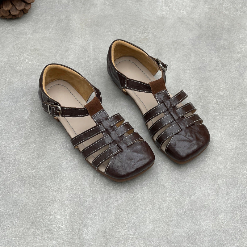Women's Genuine Leather T-Strap Mary Jane Sandals Retro Square Toe Flats