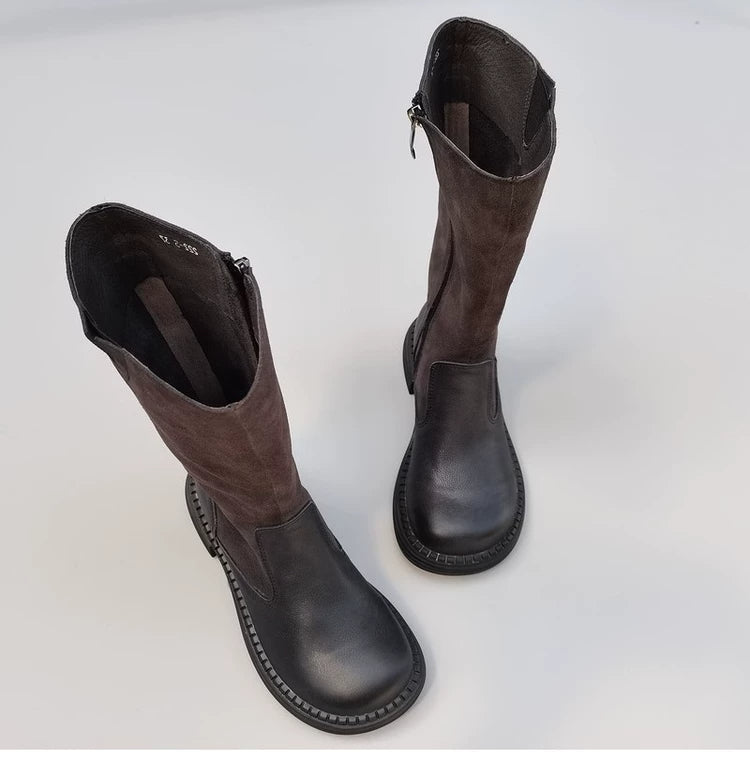 Women's Wide Toe Box Vintage Leather Suede Patchwork Knee-High Boots Wide Fit Flat Riding Boots