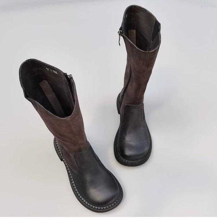 Women's Wide Toe Box Vintage Leather Suede Patchwork Knee-High Boots Wide Fit Flat Riding Boots