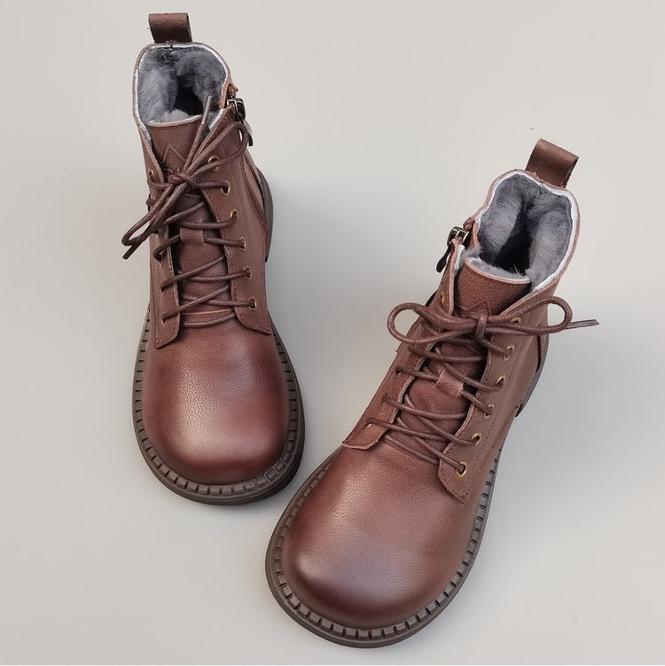 Women's Vintage Wide Toe Leather Shearling Boots – Cozy Winter Ankle Style