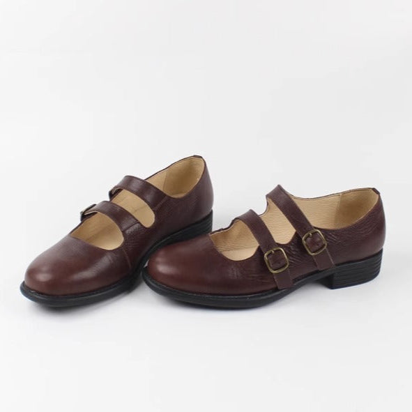 Women's Handmade Leather Classic British Style Double Buckle Mary Jane Shoes