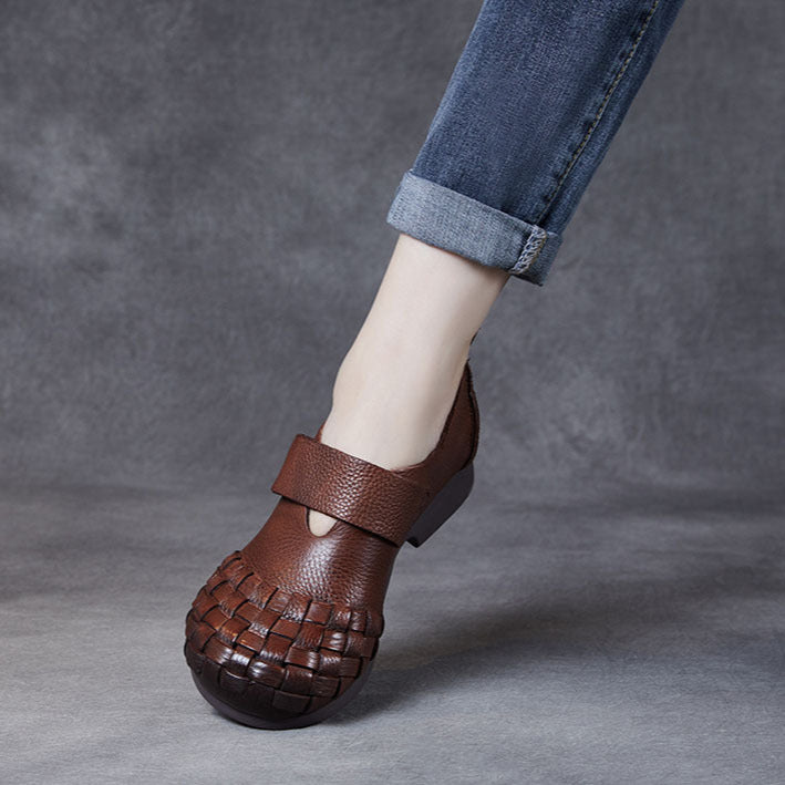 Women's Woven Leather Wide Toe Low Heel Velcro Casual Shoes