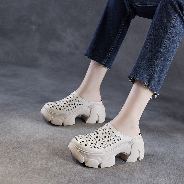 Women's Leather Platform Mules - Hollow Out Perforated Closed Round Toe Chunky Sandals Summer Slides