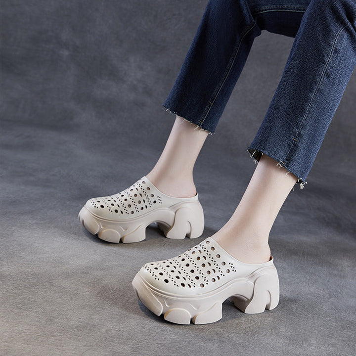 Women's Leather Platform Mules - Hollow Out Perforated Closed Round Toe Chunky Sandals Summer Slides