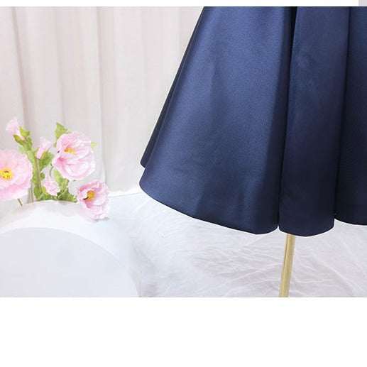 Navy Pleated Satin Homecoming Dress With Off Shoulder