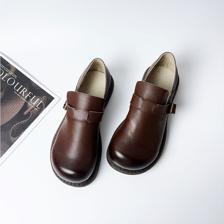 Women's Retro Top-Grain Leather Loafers Slip On Buckle Strap Casual Shoes