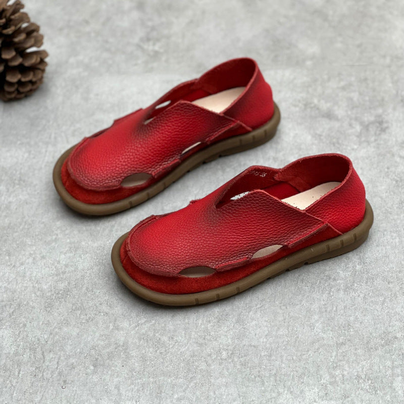 Women's Soft Pebble Grain Leather Loafers - Cut-Out Closed Round Toe Slip-On Flat Sandals Comfort Walking Shoes