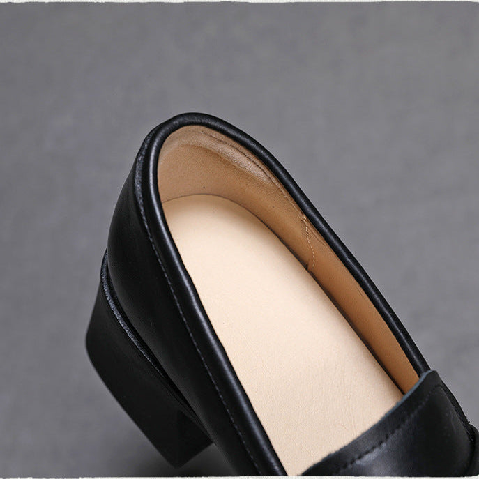 Women's Genuine Leather Heeled Loafers Chunky Block Heel Slip On Pumps