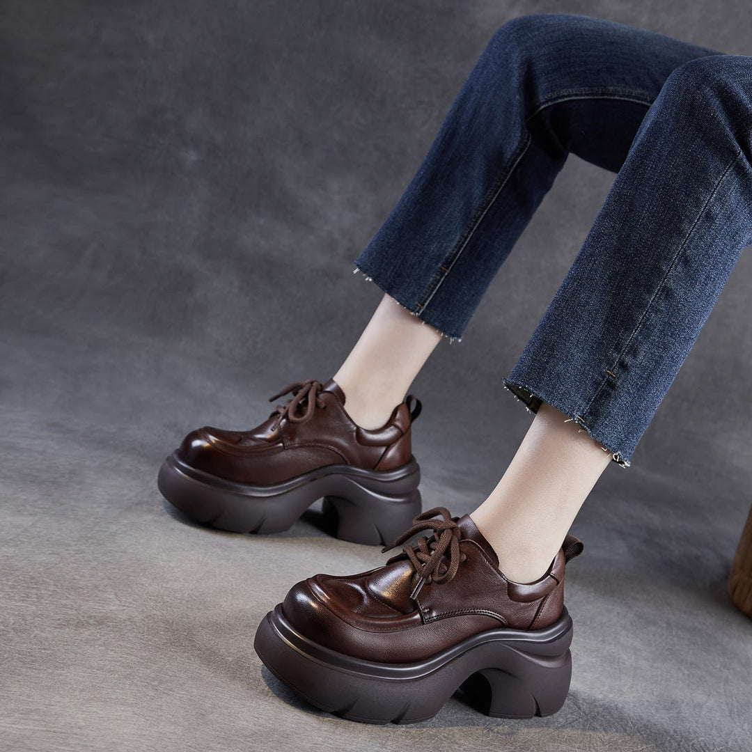 Women's Platform Genuine Leather Oxfords High Chunky Heel Lace Up Casual Shoes