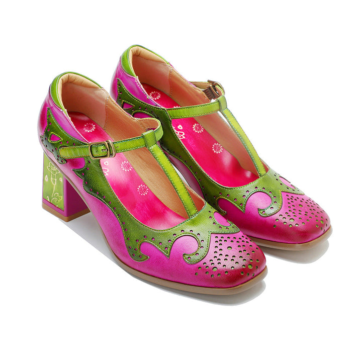 Vibrant Mary Janes for Women - Leather T-Strap Sandals with Floral Artistic Block Heel