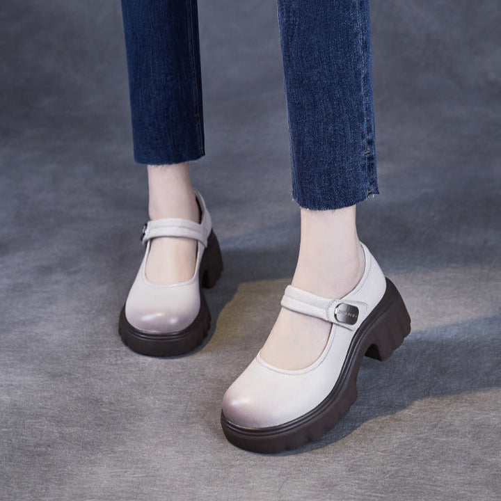 Luxury Leather Mary Janes for Women - Platform Heel with Velcro