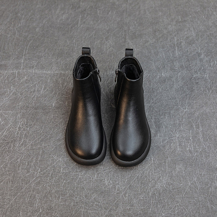 Women's Comfortable Leather Ankle Boots – Low Heel with Side Zipper