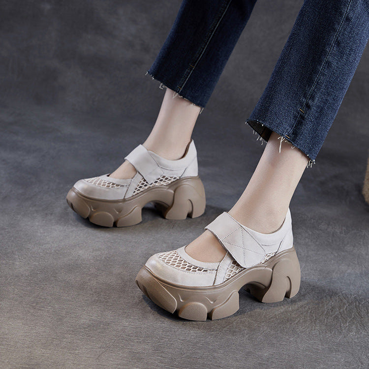Women's Leather Platform Mary Janes - Mesh Hollow Out Breathable Closed Chunky Sole Sneakers with Velcro