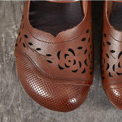 Women's Shoes Retro Summer Leather Sandals Hollowed Out Chunky Heeled