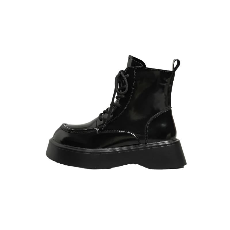 Women's Square Toe Lace-Up Thick Sole Patent Leather Combat Boots