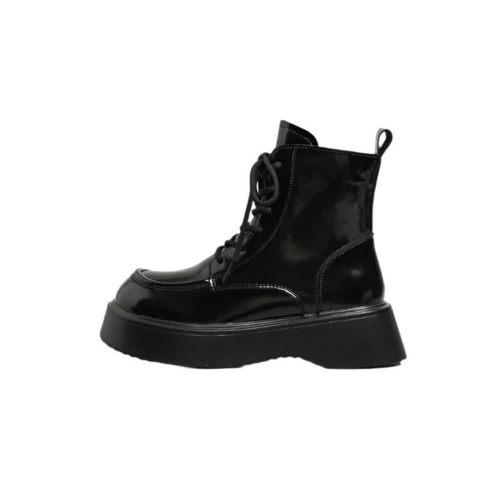 Women's Square Toe Lace-Up Thick Sole Patent Leather Combat Boots