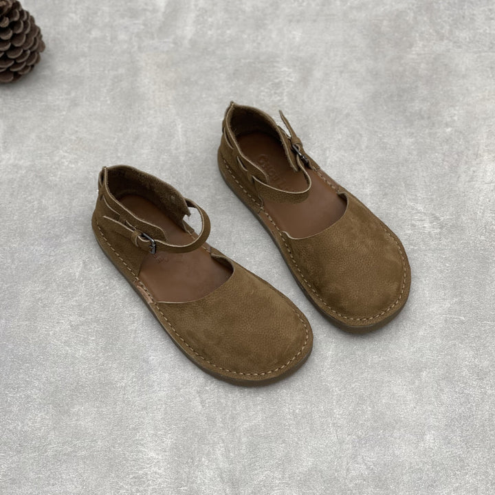 Women's Soft Leather Mary Janes - Round Toe Adjustable Ankle Buckle Strap Flat Sandals Casual Walking Shoes