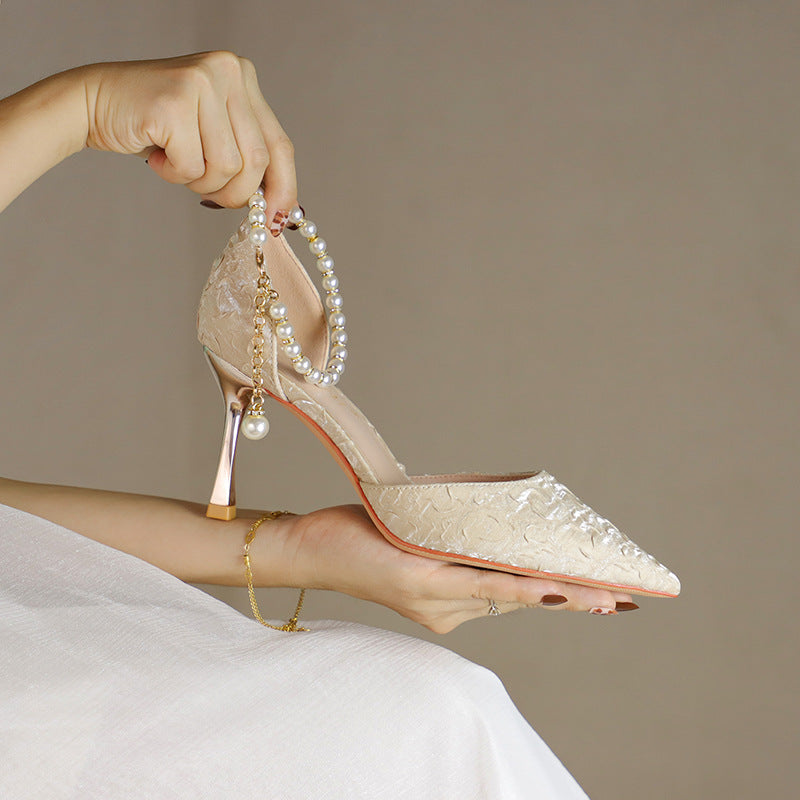 Women's Pearl Wedding Shoes for Bride High Heels Pointed Toe Satin Pumps