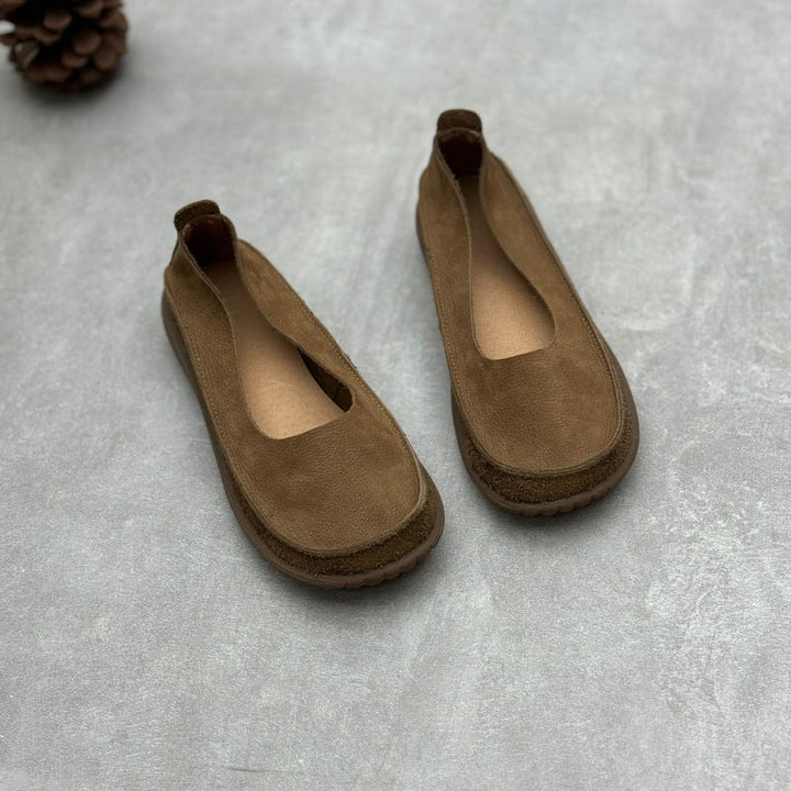 Women’s Minimalist Handmade Leather Slip-On Flats – Round Toe Casual Shoes