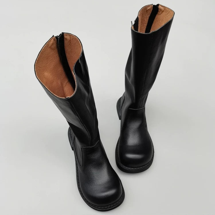 Wide-toe Box Handmade Genuine Leather Women's Mid Calf Boots Black Zipper