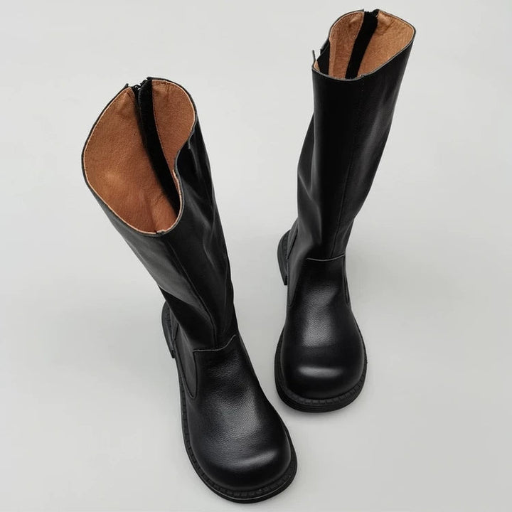 Wide-toe Box Handmade Genuine Leather Women's Mid Calf Boots Black Zipper