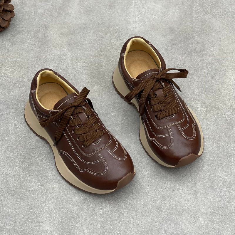 Women’s Retro Leather Chunky Dad Trainers – Round Toe Lace-Up Casual Sneakers