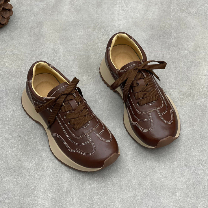 Women’s Retro Leather Chunky Dad Trainers – Round Toe Lace-Up Casual Sneakers