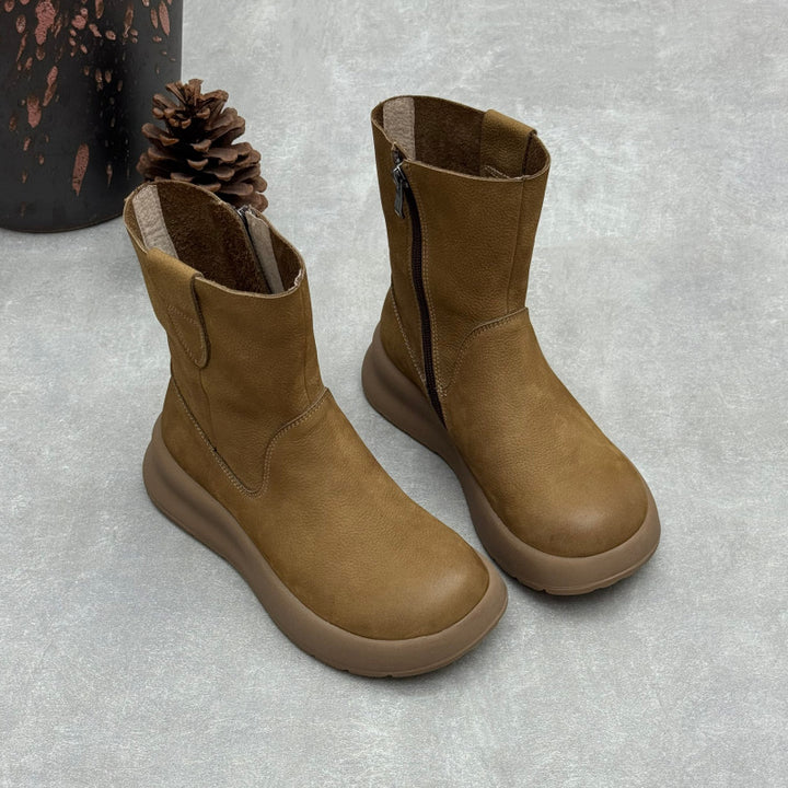 Women's Top-Grain Leather Mid Calf Boots Side Zipper Platform Casual Wedge Booties