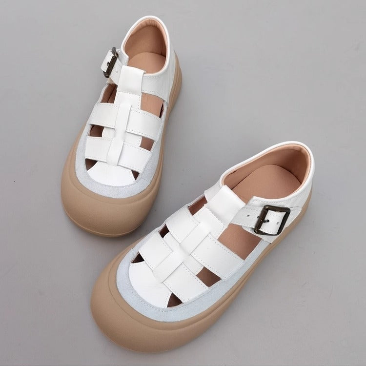 Women's Genuine Leather Closed-Toe Woven Sandals – Soft Sole & Casual Style