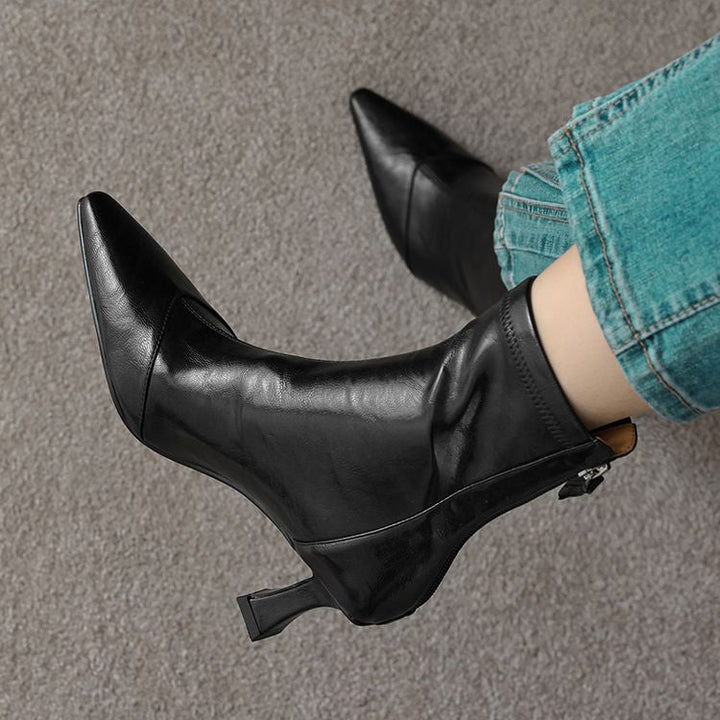 Women's Pointed-Toe Slim Ankle Boots - Kitten Heel & Back Zipper